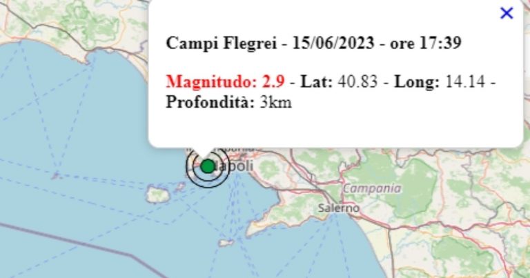 Terremoto in Campania oggi, giovedì 15 giugno 2023, scossa M 2.9 in provincia di Napoli – Dati Ingv