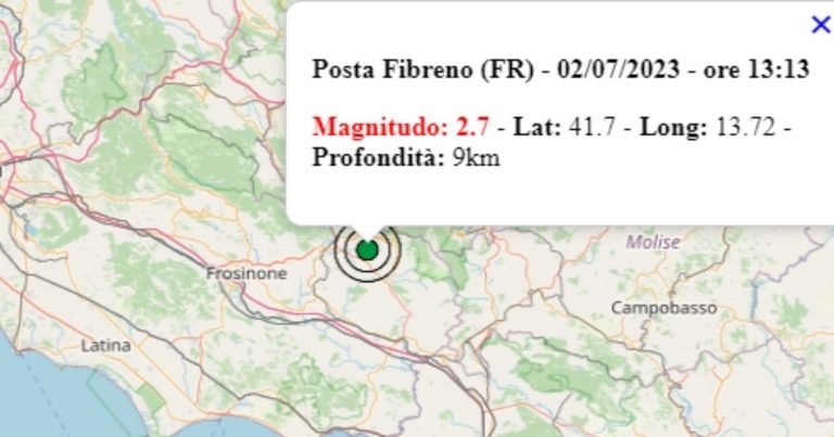 Terremoto nel Lazio oggi, domenica 2 luglio 2023, scossa M 2.7 in provincia di Frosinone – Dati Ingv