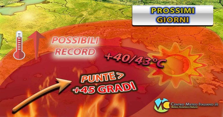 Meteo – Anticiclone bollente sull’Italia, caldo storico in atto e picco in arrivo tra domani e dopodomani: valori fino a +46/+47°C, ecco dove