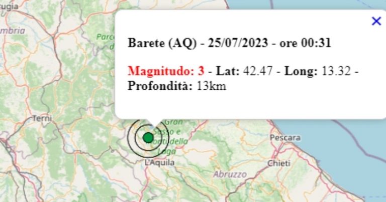 Terremoto in Abruzzo oggi, martedì 25 luglio 2023, scossa M 3.0 in provincia dell’Aquila – Dati Ingv Terremoto in Abruzzo oggi, martedì 25 luglio 2023, scossa M 3.0 in provincia dell’Aquila – Dati Ingv
