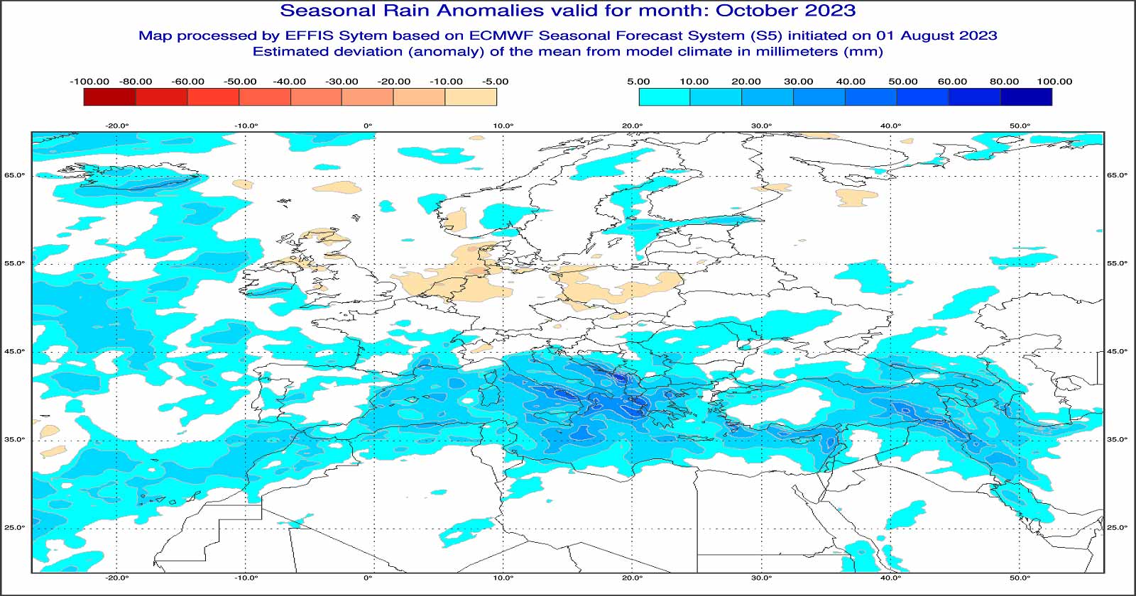 Anomalie di precipitazione previste dal modello europeo per ottobre 2023 - effis.jrc.ec.europa.eu.eu