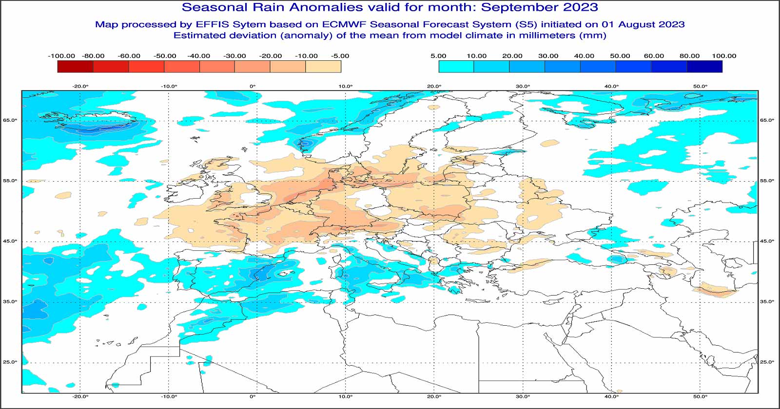 Anomalie di precipitazione previste dal modello europeo per settembre 2023 - effis.jrc.ec.europa.eu.eu