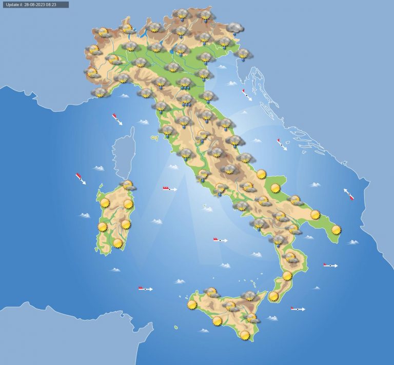 Meteo domani 29 agosto: circolazione instabile sul Mediterraneo con piogge e temporali sull’Italia