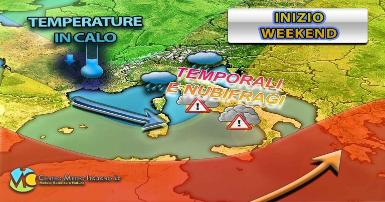 Meteo – Weekend quasi autunnale con intensa fase di maltempo e soprattutto un generale calo delle temperature