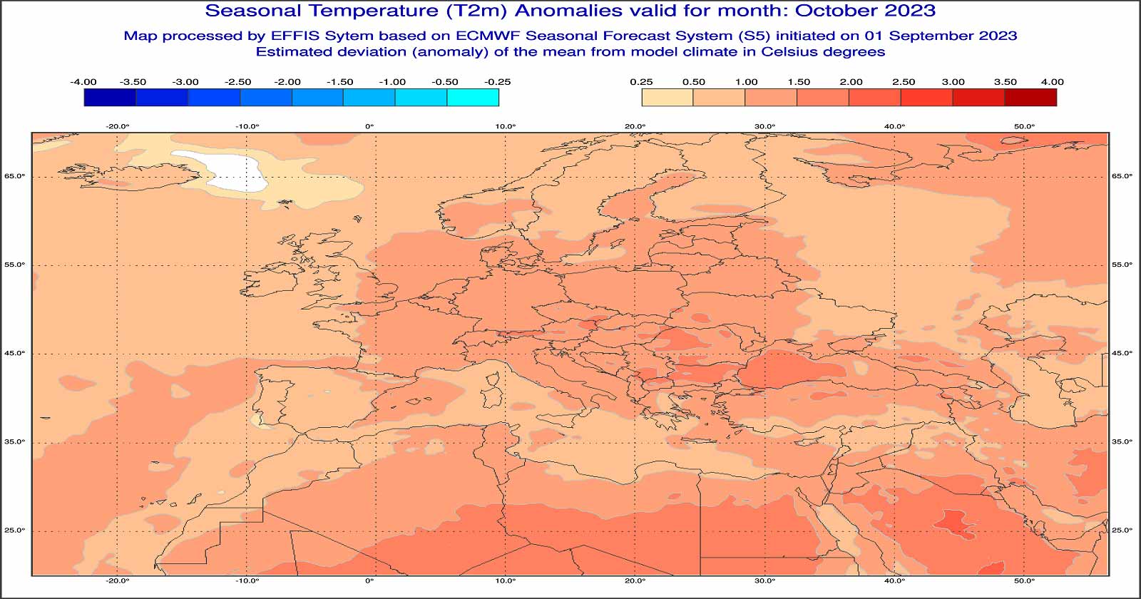 Anomalie di temperatura previste dal modello europeo per ottobre 2023 - effis.jrc.ec.europa.eu.eu