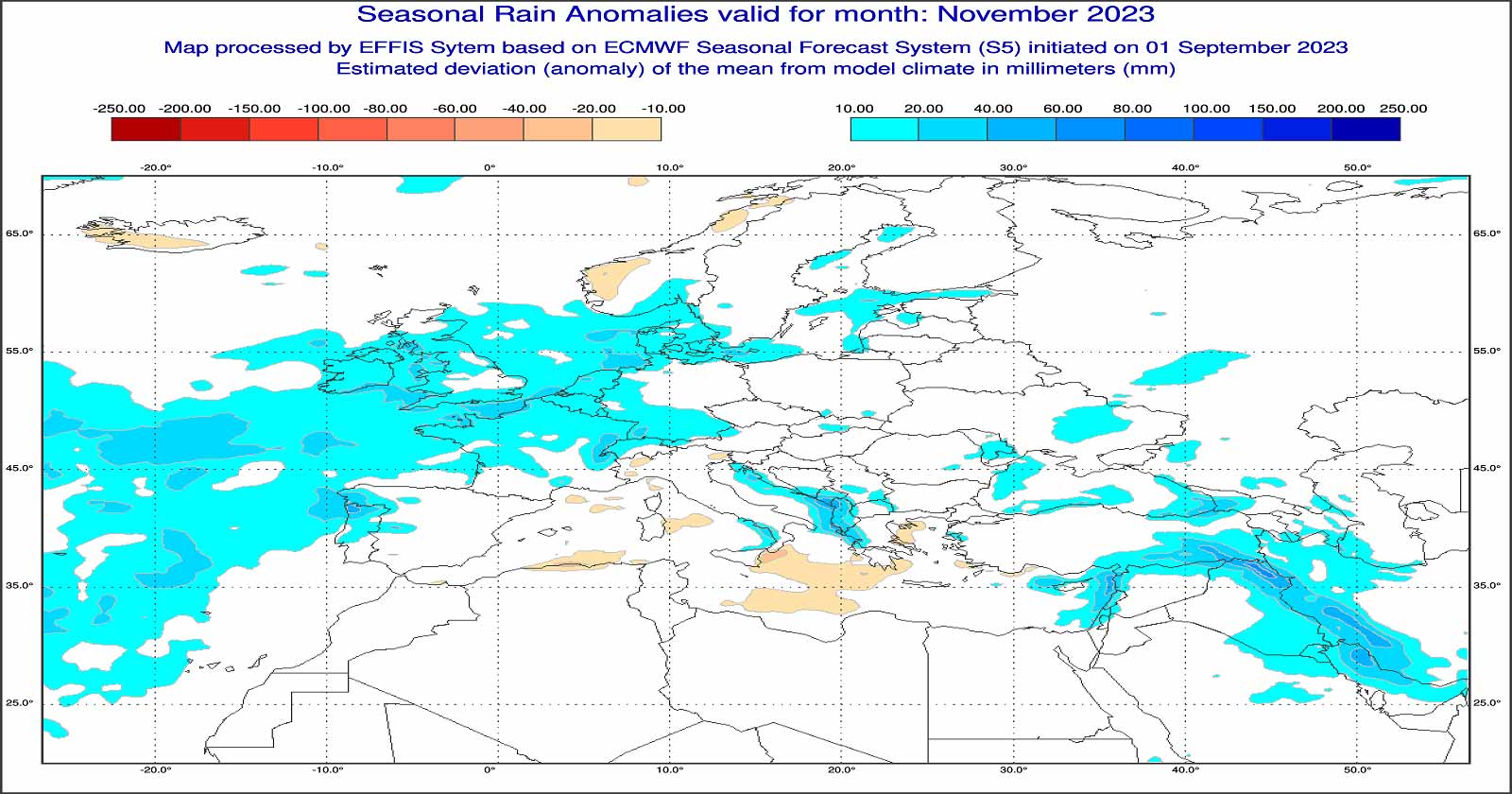 Anomalie di precipitazione previste dal modello ECMWF per novembre 2023 - effis.jrc.ec.europa.eu