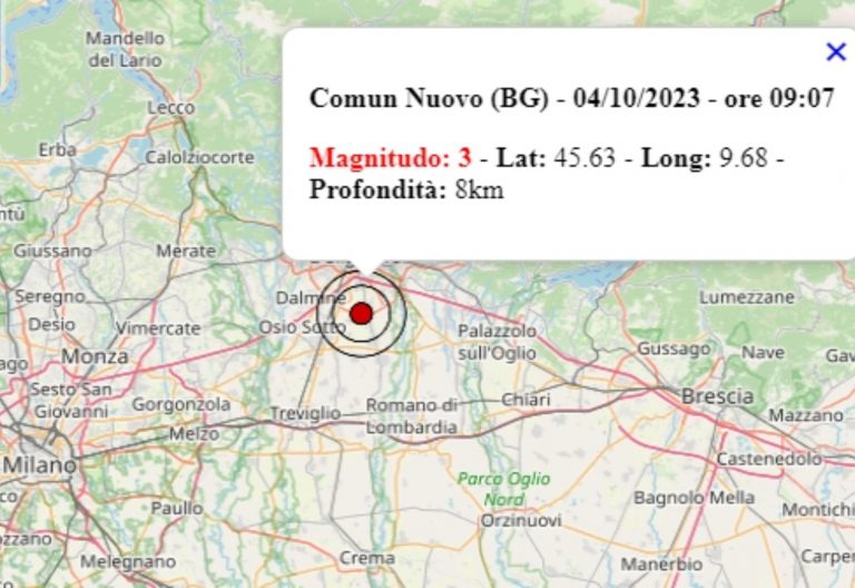 Terremoto ben avvertito in Lombardia oggi, 4 ottobre 2023: scossa di magnitudo 3.0, provincia di Bergamo – Dati Ingv