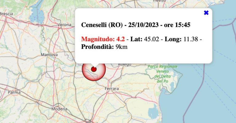 Terremoto oggi in Veneto, mercoledì 25 ottobre 2023: scossa di magnitudo 4.2 in provincia di Rovigo. I dati ufficiali INGV Terremoto oggi in Veneto, mercoledì 25 ottobre 2023: scossa di magnitudo 4.2 in provincia di Rovigo. I dati ufficiali INGV