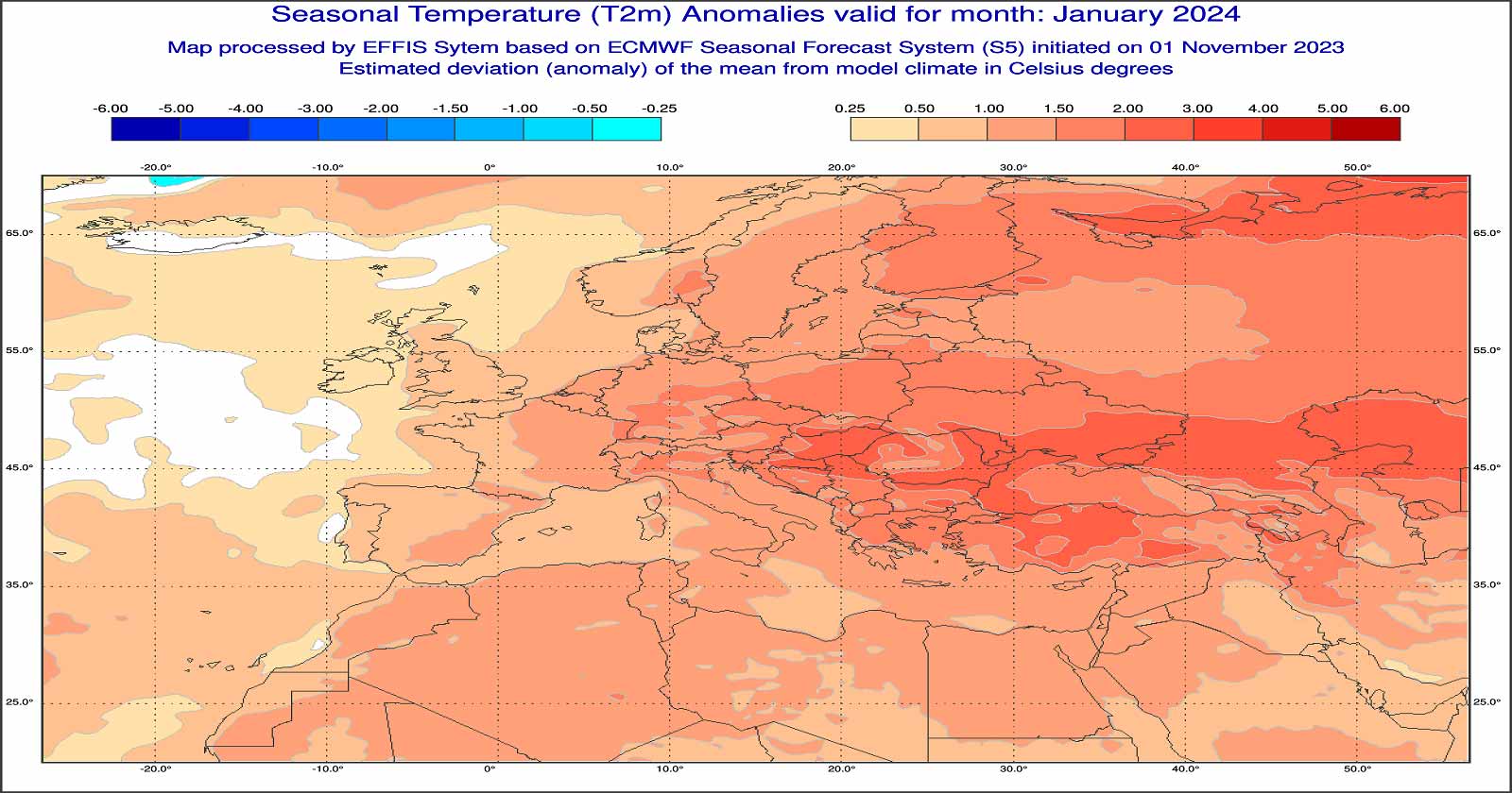Anomalie di temperatura previste dal modello ECMWF per Gennaio 2024 - effis.jrc.ec.europa.eu