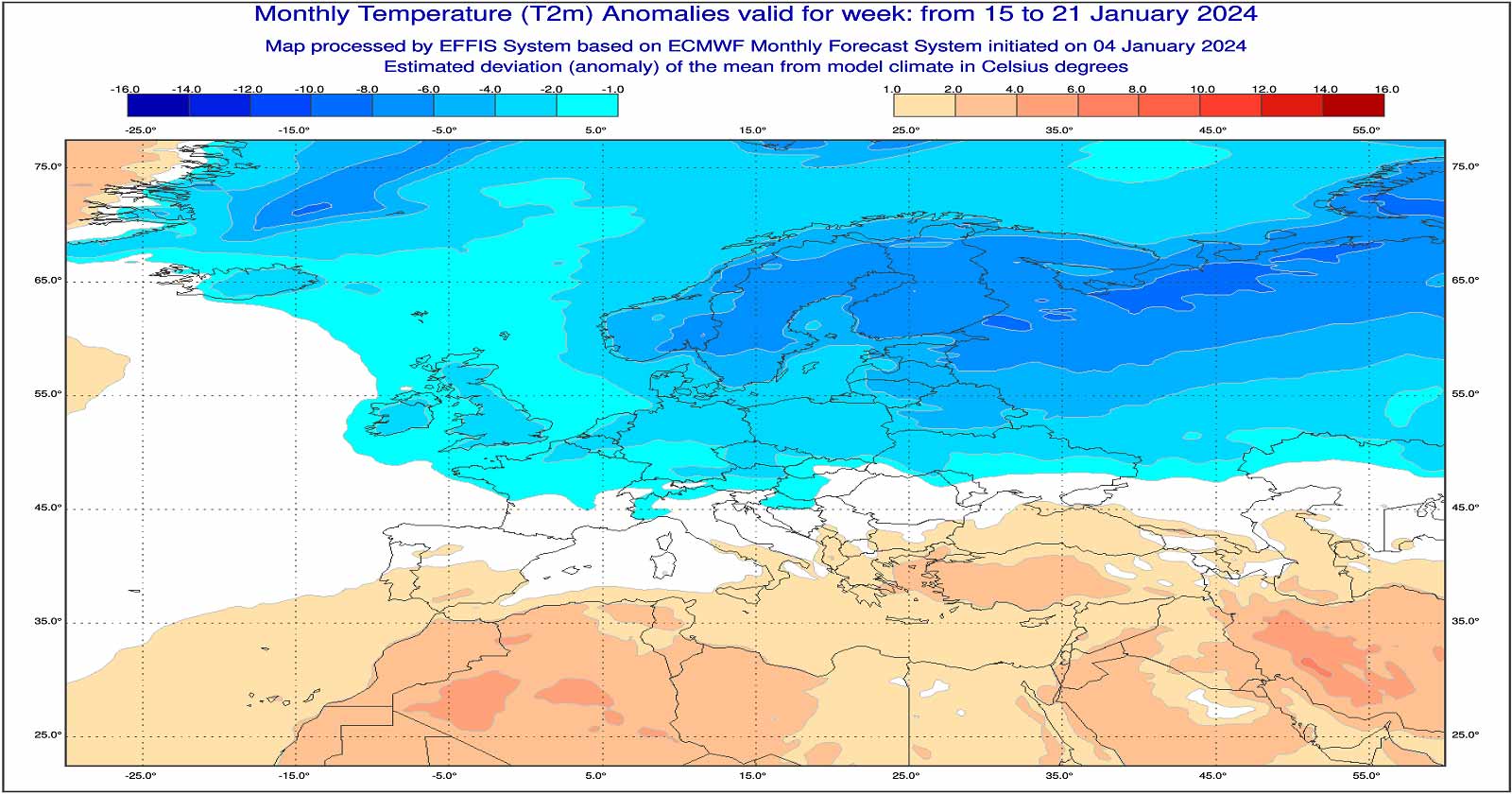 Anomalie di temperatura previste tra il 15 e il 21 gennaio - effis.jrc.ec.europa.eu