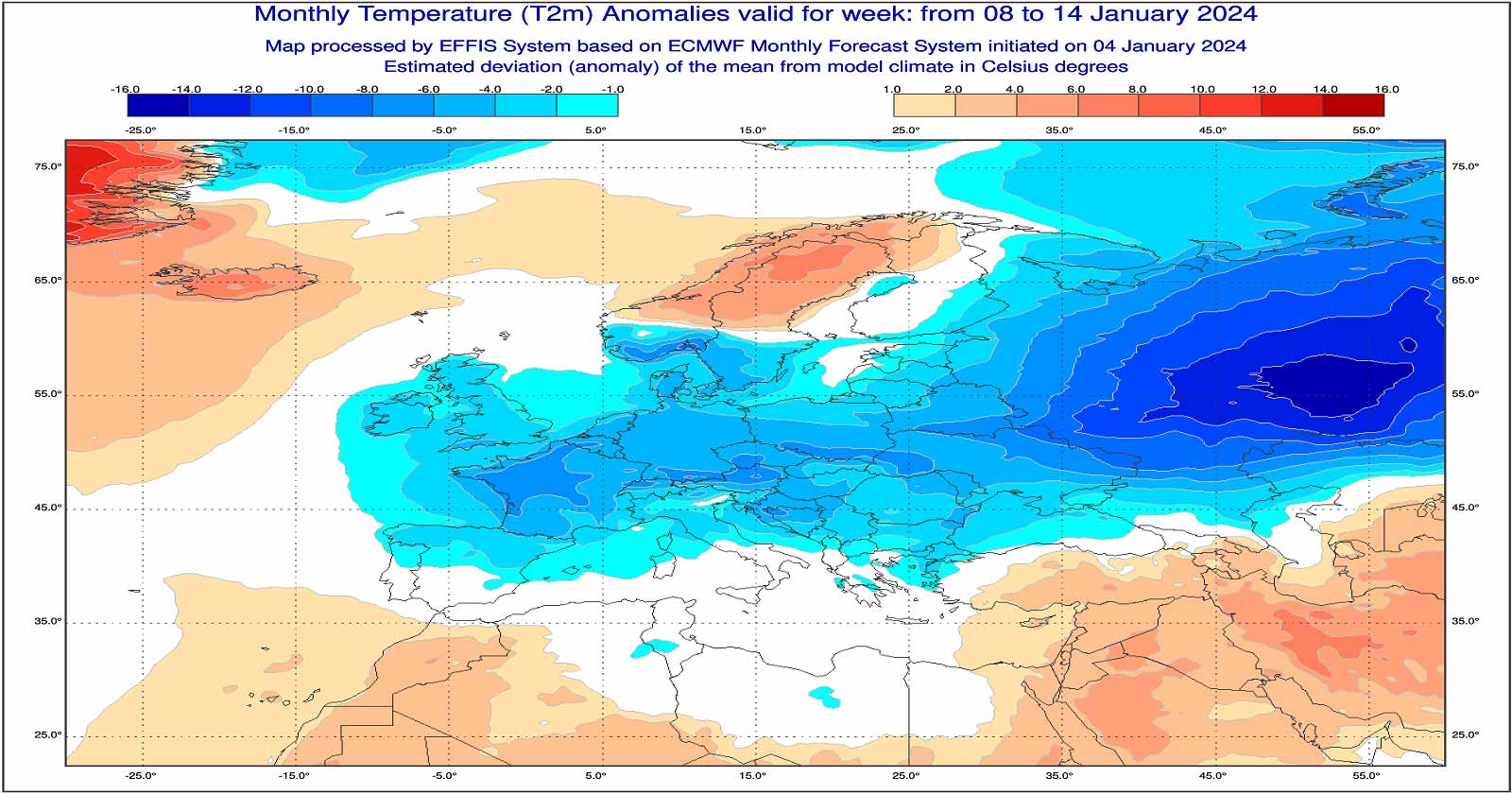 Anomalie di temperatura previste tra l'8 e il 14 gennaio - effis.jrc.ec.europa.eu