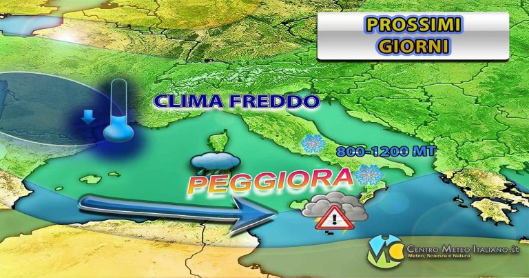 Meteo – Tempo in peggioramento sull’Italia dalle prossime ore con piogge, temporali ed anche delle nevicate