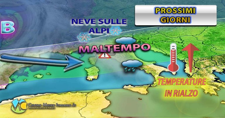 Meteo – Tempo in peggioramento in Italia con piogge sparse ma con rialzo termico, neve a quote piuttosto alte