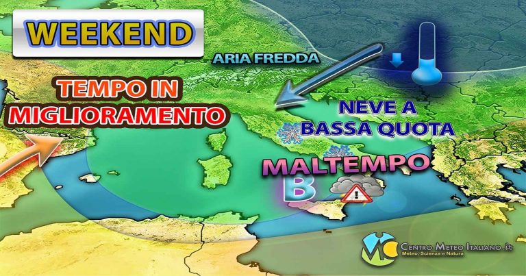 Meteo – L’Inverno piomba sull’Italia nel Weekend, con piogge e neve a quote molto basse: i dettagli