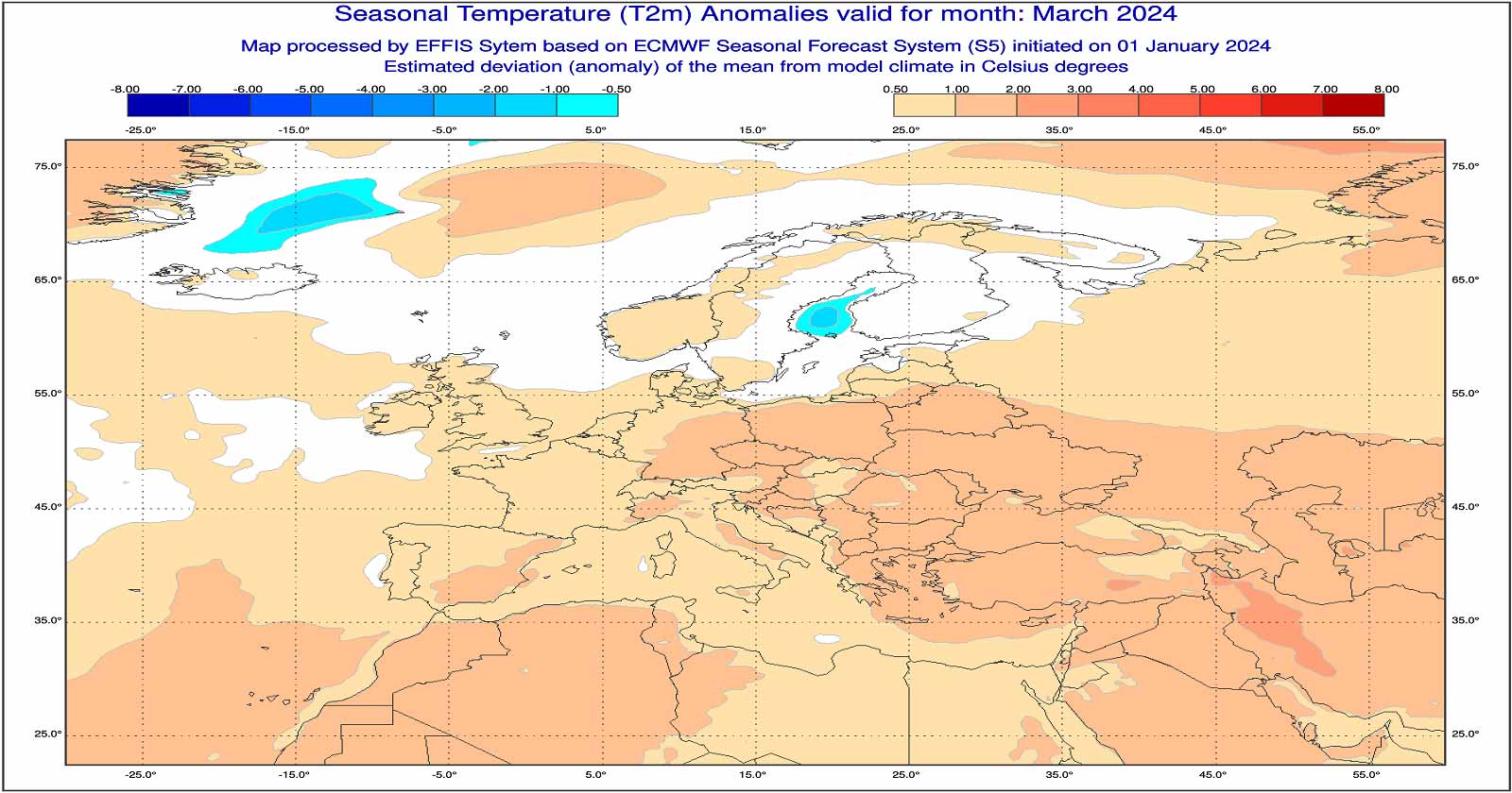 Anomalie di temperatura previste dal modello ECMWF per Marzo 2024 - effis.jrc.ec.europa.eu