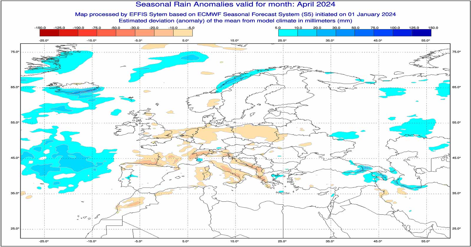 Anomalie di precipitazione previste dal modello ECMWF per Aprile 2024 - effis.jrc.ec.europa.eu
