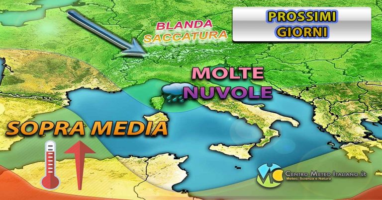 Meteo – Blanda saccatura sul Mediterraneo entro domani, molta nuvolosità in Italia ed anche qualche pioggia