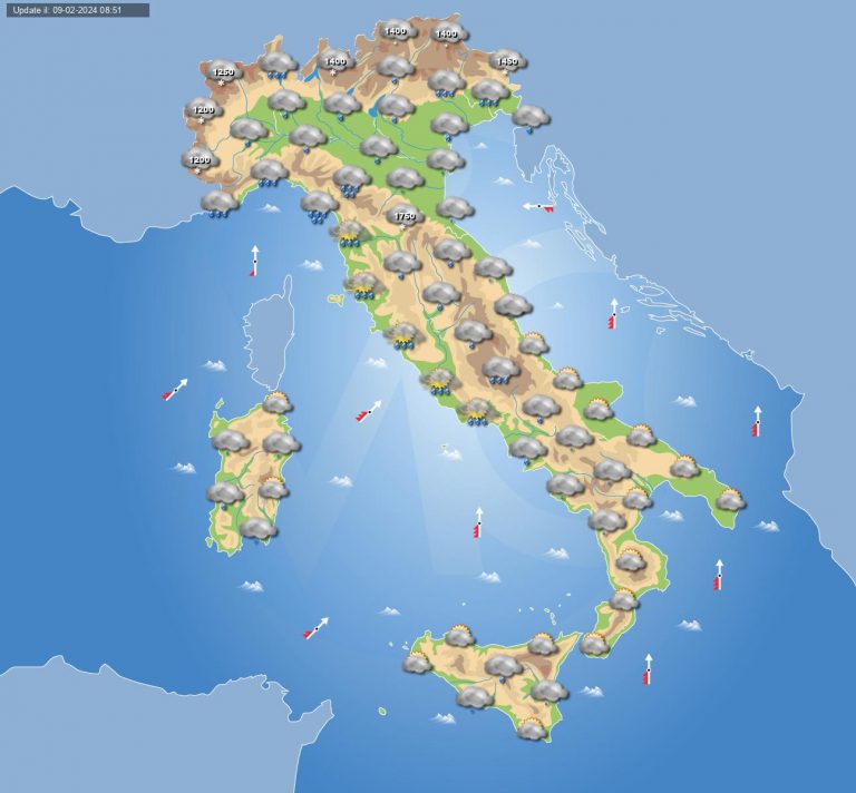 Meteo domani 10 febbraio: vortice depressionaria dispensa maltempo in Italia con piogge e temporali anche intensi