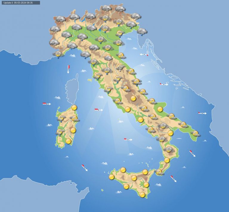 Meteo domani 6 marzo: passaggio instabile sull’Italia con piogge e temporali sparsi, neve in montagna