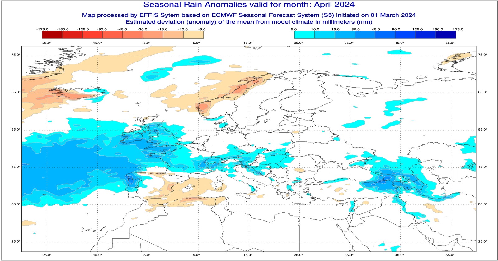 Anomalie di precipitazione previste dal modello ECMWF per Aprile 2024 - effis.jrc.ec.europa.eu