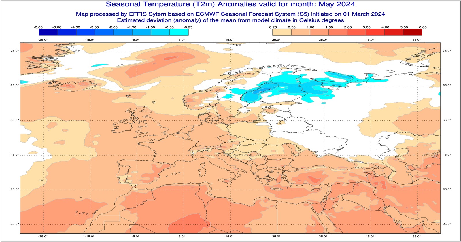 Anomalie di temperatura previste dal modello ECMWF per Maggio 2024 - effis.jrc.ec.europa.eu
