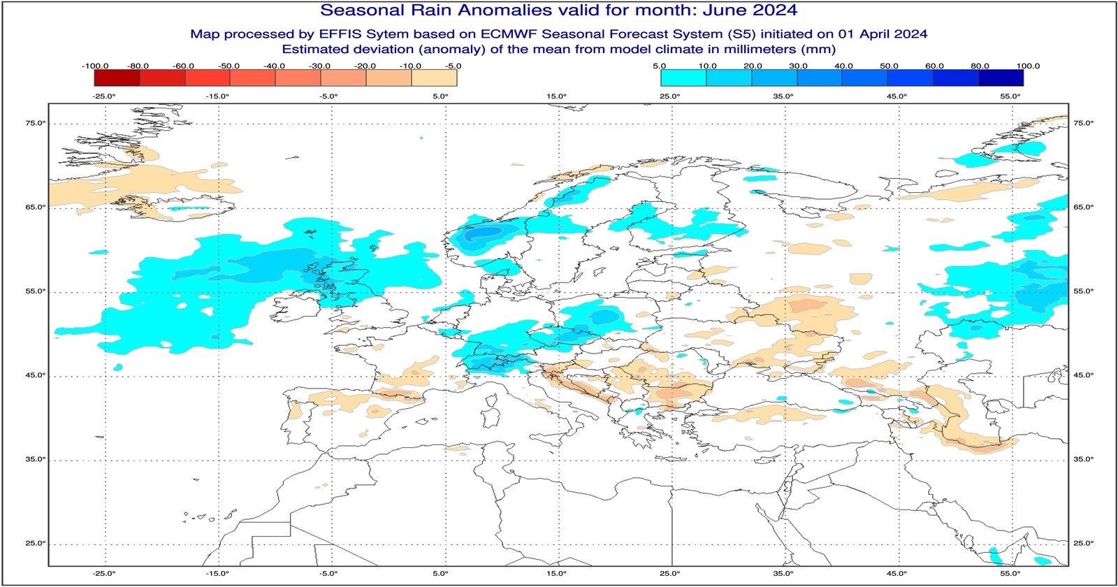 Anomalie di precipitazione previste dal modello ECMWF per Giugno 2024 - effis.jrc.ec.europa.eu