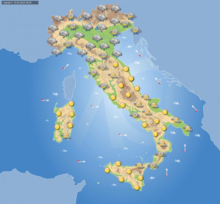 Meteo domani 16 maggio: ancora maltempo al Nord Italia, più stabile al Centro-Sud con nubi di passaggio