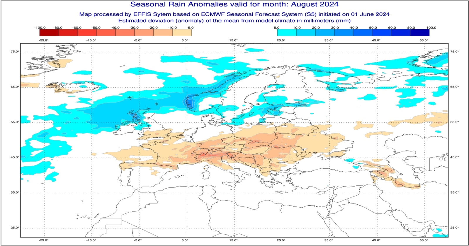 Anomalie di precipitazione previste dal modello ECMWF per Agosto 2024 - effis.jrc.ec.europa.eu