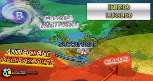 Meteo - Flusso perturbato in abbassamento per inizio luglio in Italia, con maltempo frequente e calo termico