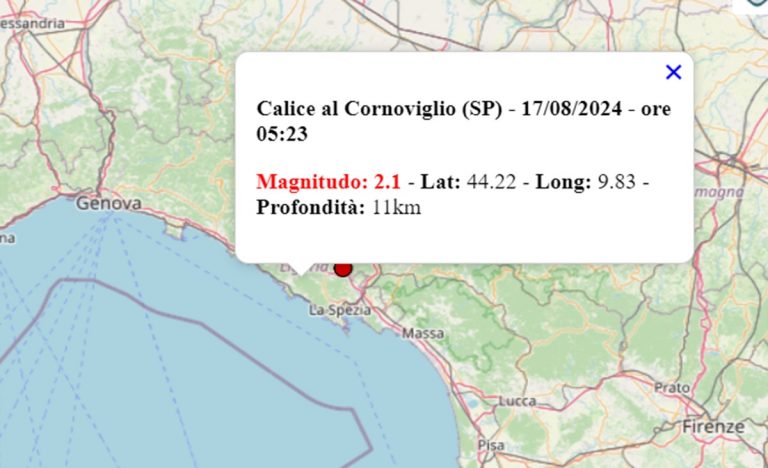 Terremoto oggi in Liguria, sabato 17 agosto 2024: scossa di magnitudo 2.5 in provincia di La Spezia. Dati INGV Terremoto oggi in Liguria, sabato 17 agosto 2024: scossa di magnitudo 2.5 in provincia di La Spezia. Dati INGV