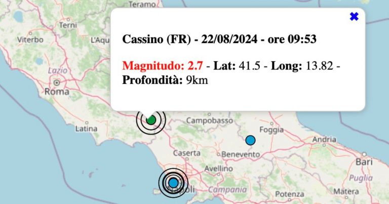 Terremoto oggi nel Lazio, giovedì 22 agosto 2024: scossa avvertita in provincia di Frosinone – Dati INGV