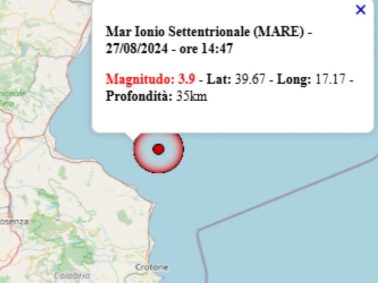 Terremoto avvertito in Calabria oggi, 27 agosto 2024, scossa M 3.9 sul mar Ionio settentrionale – Dati Ingv