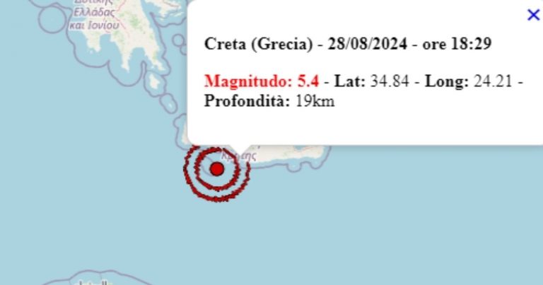 Forte terremoto M 5.4 avvertito in Grecia oggi, 28 agosto 2024, epicentro e ipocentro – Dati Ingv