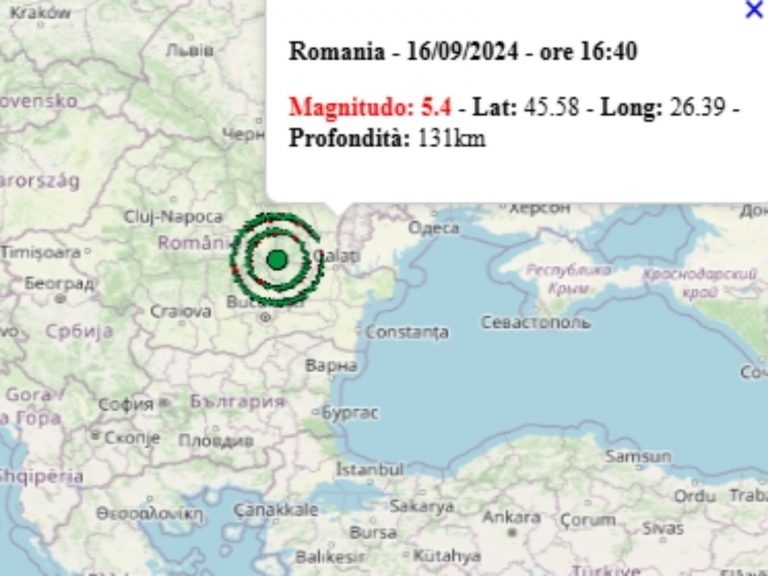 Terremoto Romania oggi, lunedì 16 settembre 2024: forte scossa M 5.4 avvertita anche in Moldavia e Bulgaria  – Dati Ingv e epicentro