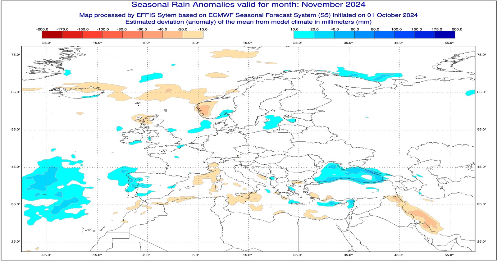 Anomalie di precipitazione previste dal modello ECMWF per novembre 2024 - effis.jrc.ec.europa.eu