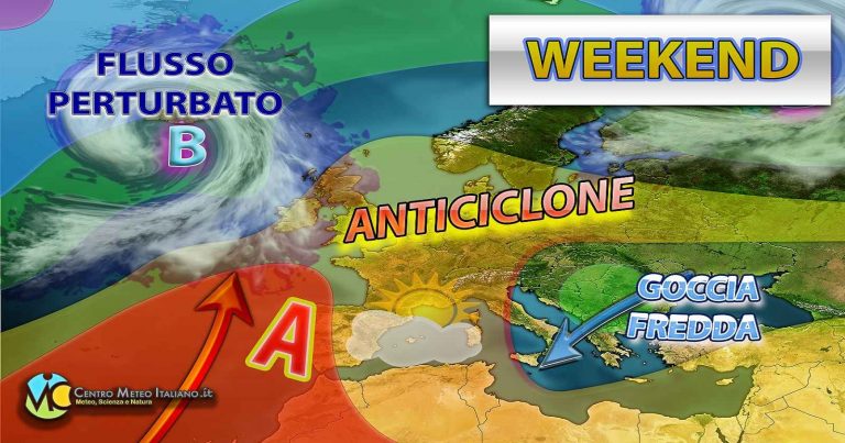 Meteo – Weekend con alta pressione sbilanciata verso nord e possibile goccia fredda in arrivo da est sull’Italia