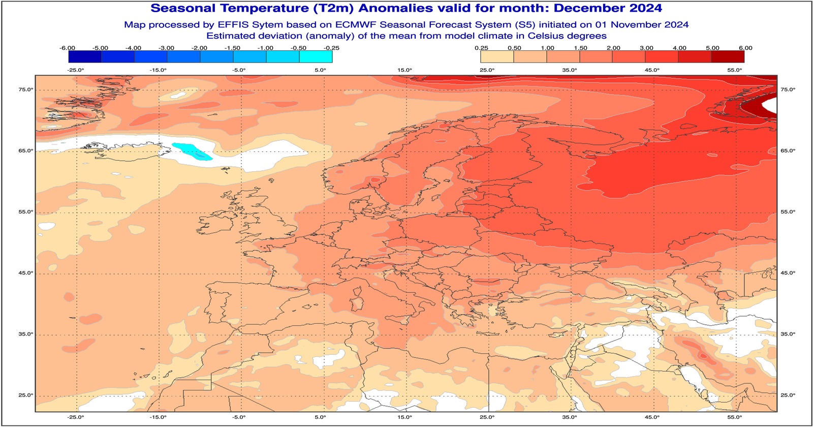 Anomalie di temperatura previste dal modello ECMWF per dicembre 2024 - effis.jrc.ec.europa.eu