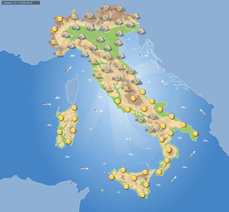 Meteo domani 28 novembre: tempo più stabile e asciutto in Italia, ma molte nubi su alcune regioni