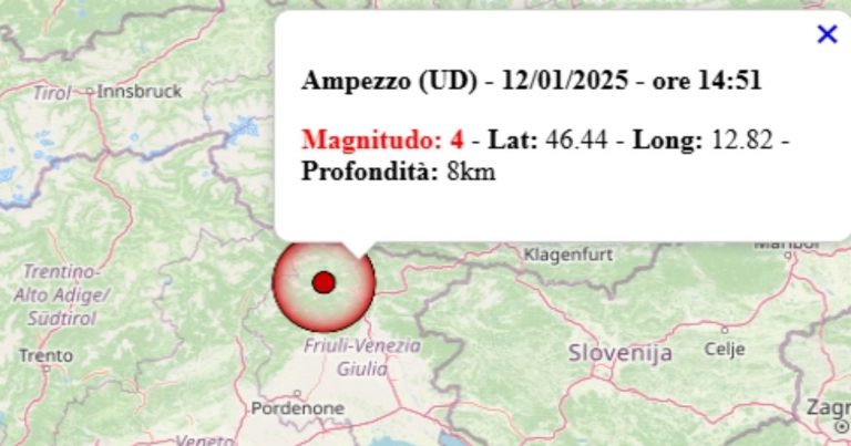 Terremoto avvertito in Friuli Venezia Giulia oggi, domenica 12 gennaio 2025, scossa M 4.0 in provincia di Udine – Dati Ingv