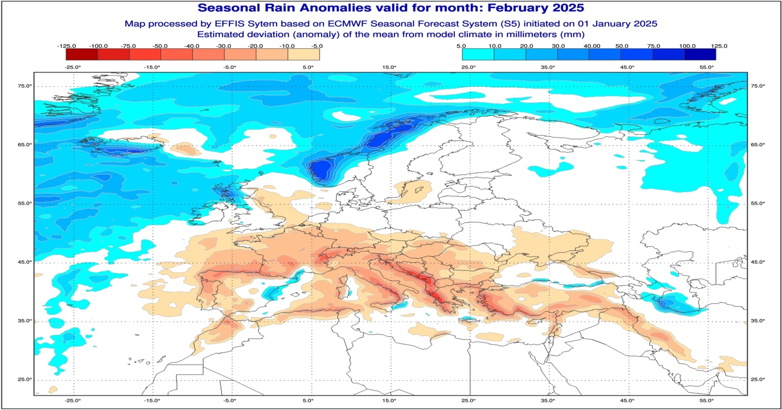 Anomalie di precipitazione previste dal modello ECMWF per Febbraio 2025 - effis.jrc.ec.europa.eu