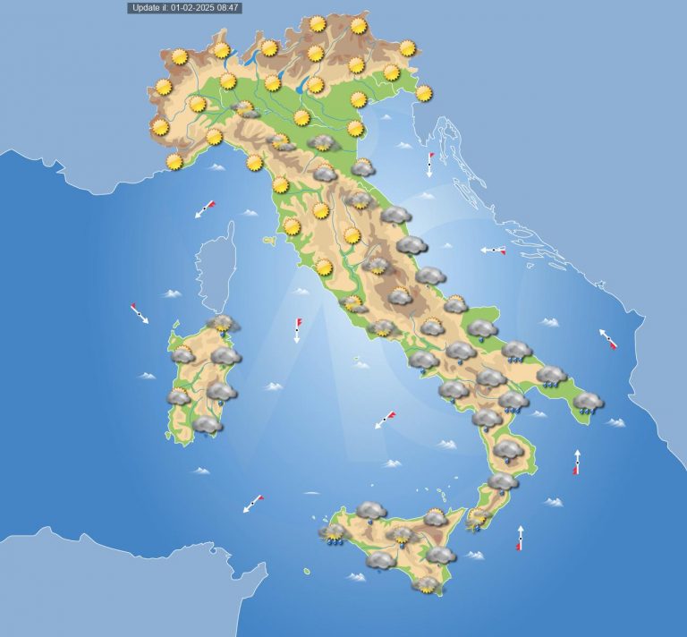 Meteo domani 2 febbraio: tempo instabile in Italia con piogge e temporali, ma anche tanto sole su alcune regioni