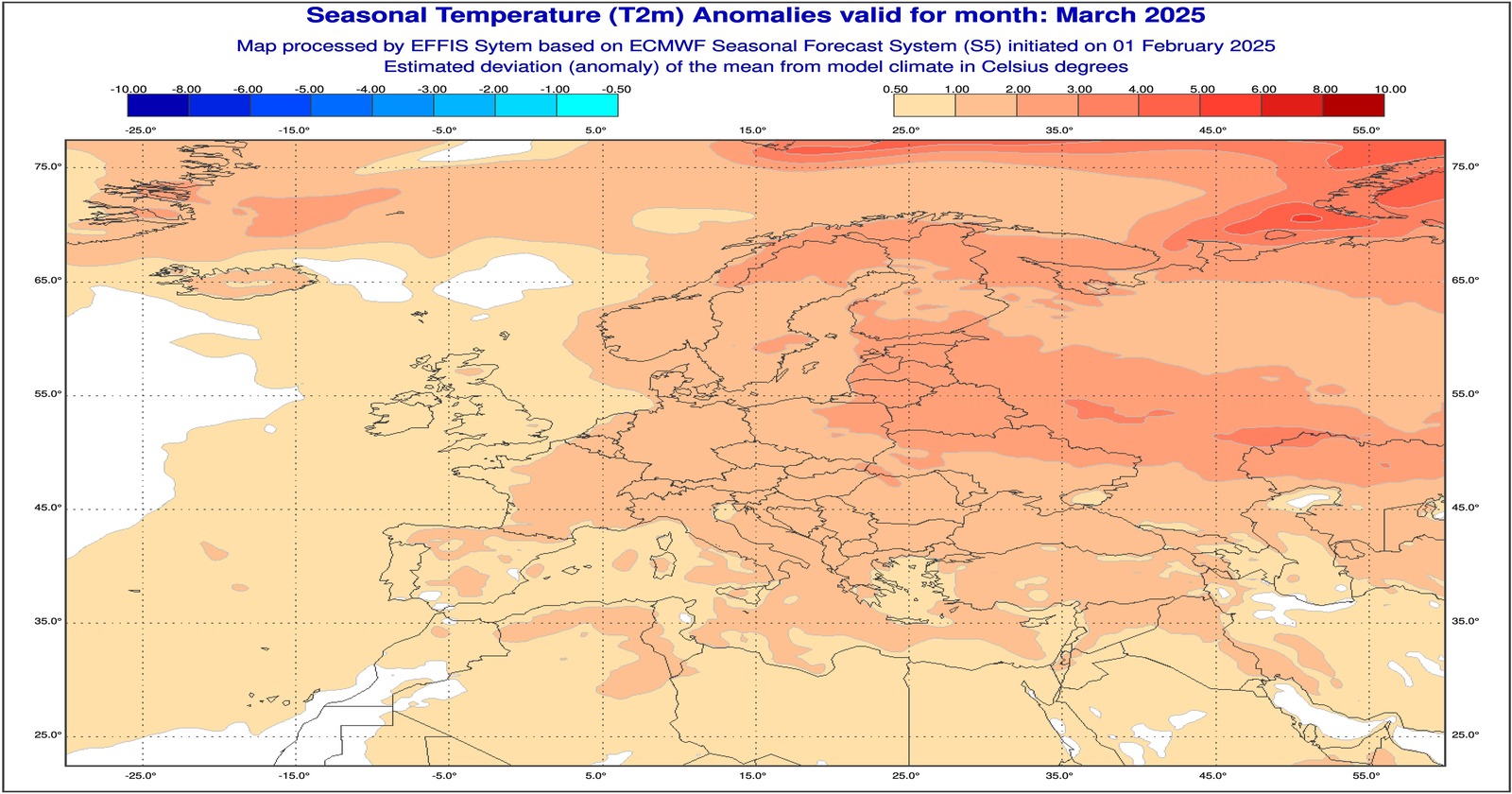 Anomalie di temperatura previste dal modello ECMWF per Marzo 2025 - effis.jrc.ec.europa.eu