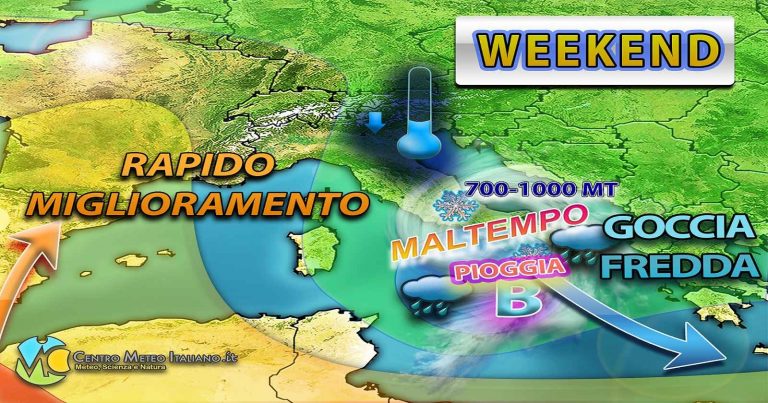 Meteo – Goccia fredda in transito nel weekend con maltempo, neve e calo termico