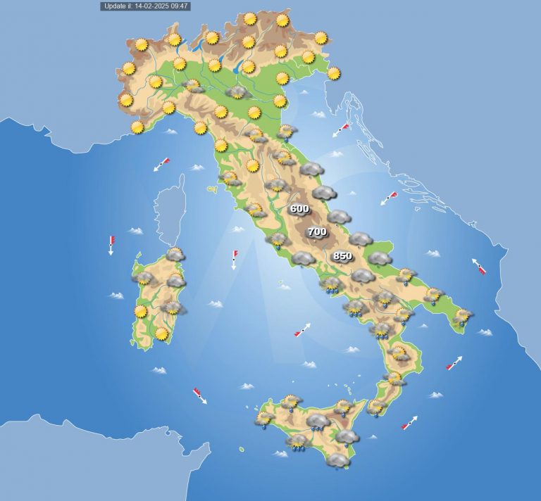 Meteo domani 15 febbraio: maltempo che si muove verso il Sud Italia portando piogge e temporali con neve sui rilievi