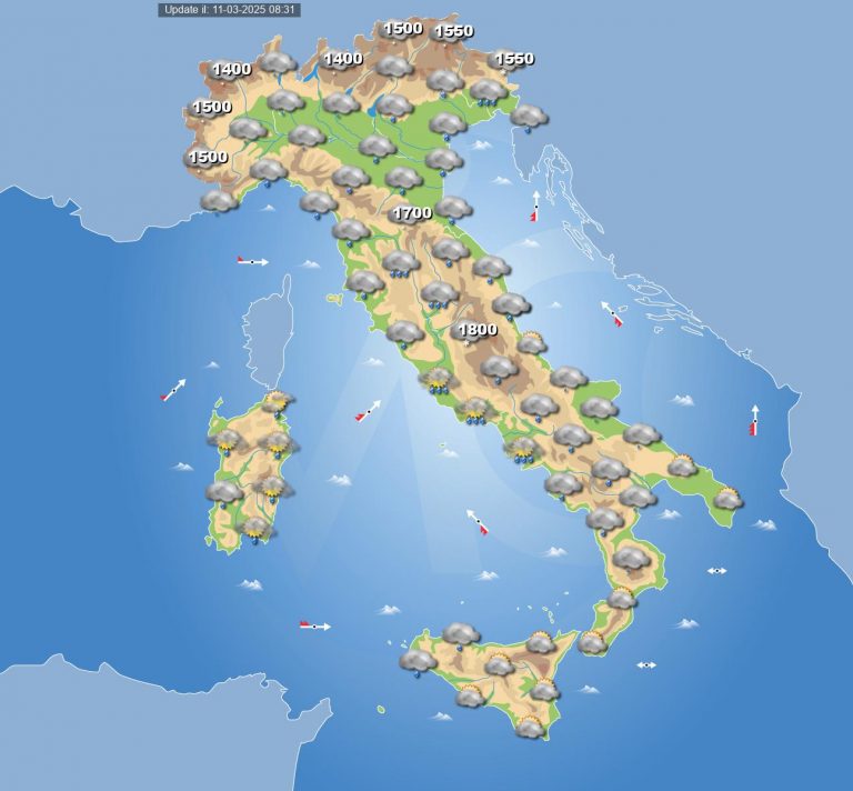 Meteo domani 12 marzo: perturbazione in transito porta maltempo in Italia con piogge, temporali e neve