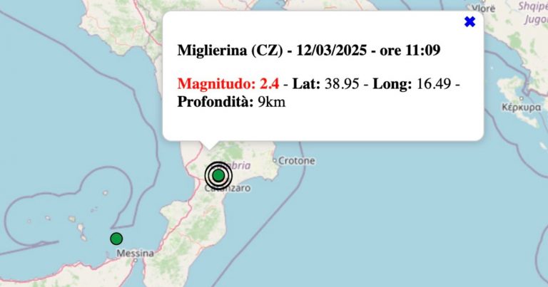 Terremoto in Calabria oggi, mercoledì 12 marzo 2025: scossa M 2.4 in provincia di Catanzaro | Dati INGV