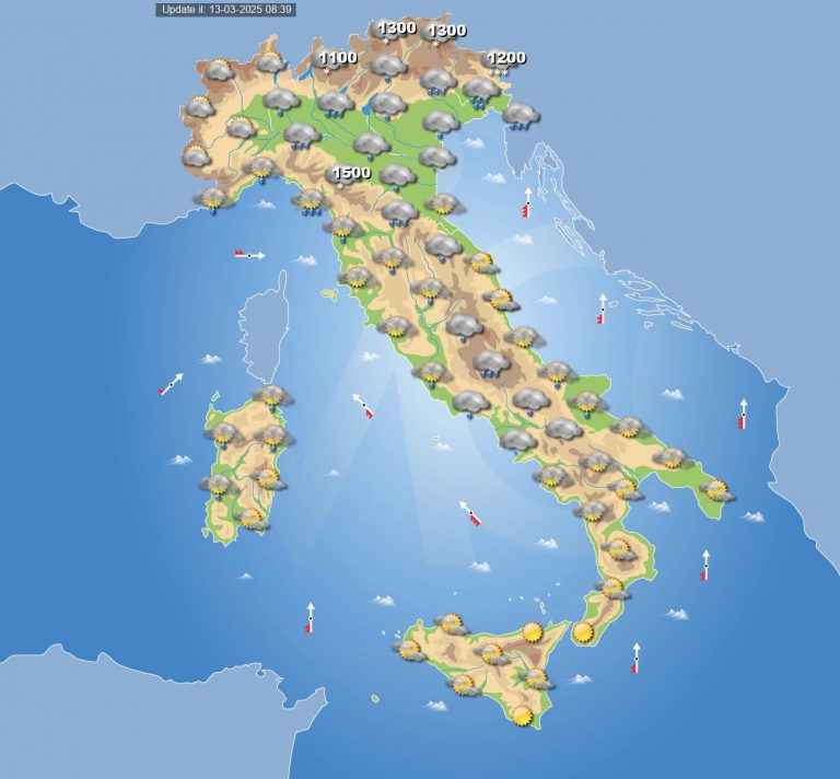 Meteo domani 14 marzo: nuovo passaggio perturbato in Italia con piogge e temporali specie al Centro-Nord