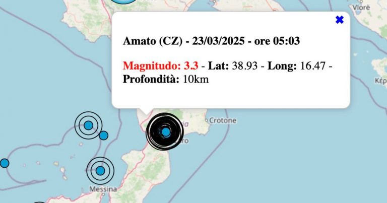 Terremoto in Calabria oggi, domenica 23 marzo 2025: scossa M 3.3 in provincia di Catanzaro | Dati INGV