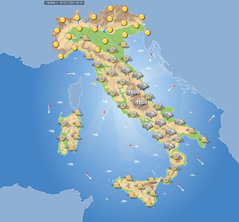 Meteo domani 27 marzo: maltempo sull’Italia centro-meridionale con piogge, temporali e neve in montagna