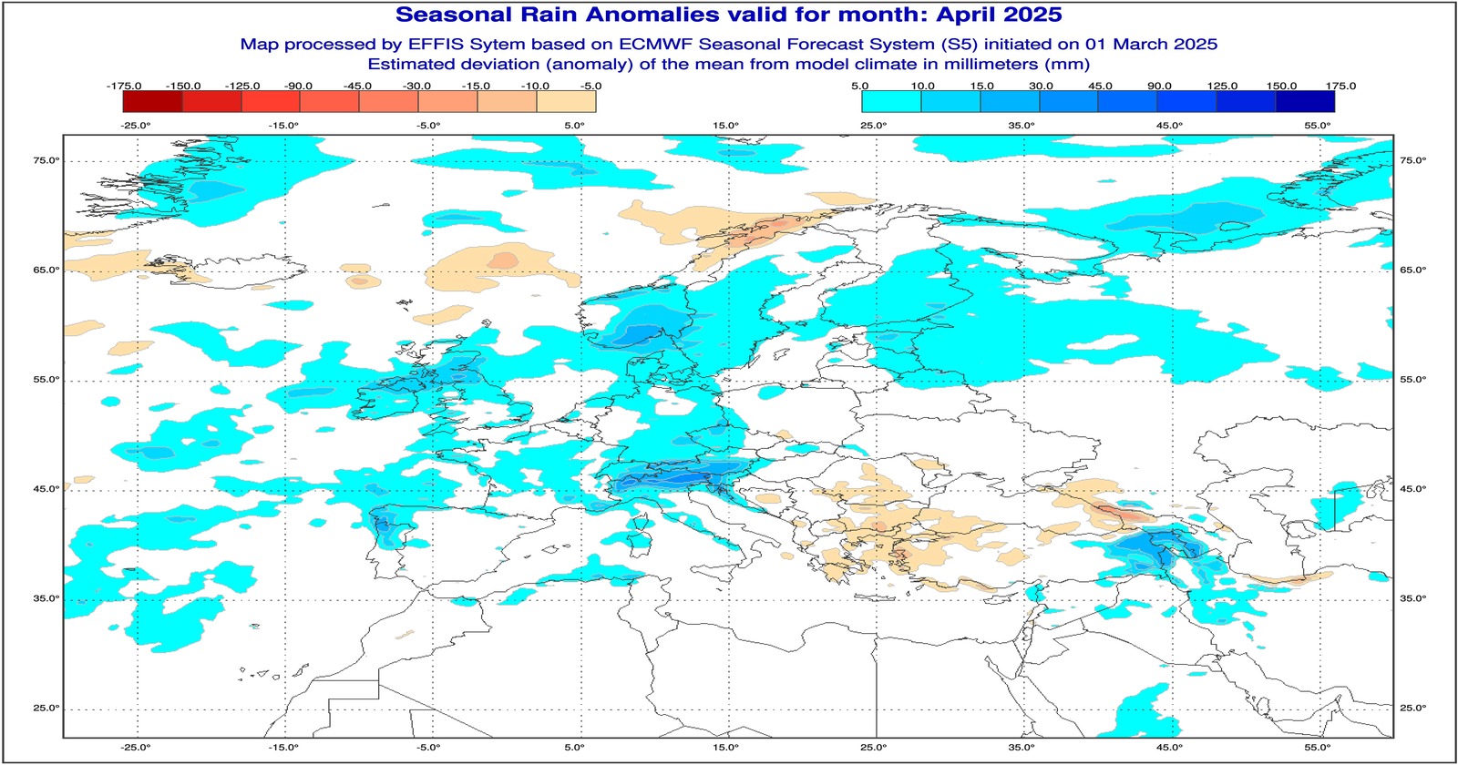 Anomalie di precipitazione previste dal modello ECMWF per Aprile 2025 - effis.jrc.ec.europa.eu